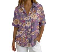 Blusa vintage floral con cuello en V para mujer, estilo casual, de manga corta, con estampado botánico, con botones, para verano, holgada, color morado, Morado (, M