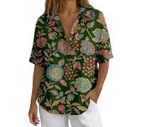 Blusa vintage floral con cuello en V para mujer, estilo casual, de manga corta, con estampado botánico, con botones, para verano, holgada, color morado, verde, XL