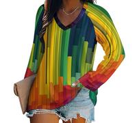 Blusa Y Camisas De Manga Larga para Mujer con Cuello En V, Camiseta De Estilo Casual Elegante Ajustada Oversized Deportiva Fiesta Modern Rainbow Stripes Túnica Tops Mangas
