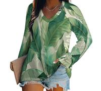 Blusa Y Camisas De Manga Larga para Mujer con Cuello En V, Camiseta De Estilo Casual Elegante Ajustada Oversized Deportiva Fiesta Watercolor Tropical Banana Leaves Túnica Tops Mangas