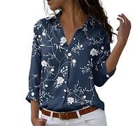 Blusa y Camisas de Manga Larga para Mujer con Cuello en V, Camiseta de Estilo Casual Elegante Ajustada Irregular Oversized Deportiva Fiesta Rayas Túnica Tops Mangas Enrolladas con Botones(R Azul,S)