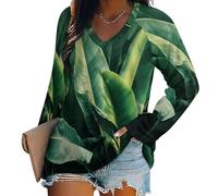 Blusa Y Camisas De Manga Larga para Mujer con Cuello En V, Camiseta De Estilo Casual Elegante Ajustada Oversized Deportiva Fiesta Tropical Plant Banana Leaf Túnica Tops Mangas