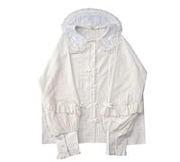 Blusa y camisas de manga larga para mujer, estilo vintage, gótico, Lolita, con cuello de Peter Pan, elegantes blusas vintage con volantes de encaje, Blanco, Talla única