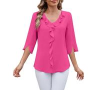 Blusas Casuales Elegantes de Talla Grande para Mujer, Blusas de Gasa con Volantes y Cuello en V de Manga 3/4 de Longitud, Camisas de túnica holgadas de Verano (Rosa,XL)