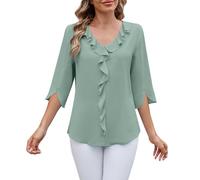 Blusas Casuales Elegantes de Talla Grande para Mujer, Blusas de Gasa con Volantes y Cuello en V de Manga 3/4 de Longitud, Camisas de túnica holgadas de Verano (Verde,XXL)