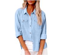 Blusas con botones para mujer, estilo casual, de verano, de manga larga, cuello vuelto, color liso, de algodón y lino, blusa de trabajo, camisetas de moda con bolsillos dobles, tallas S-XXL, 2 Luz