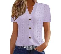Blusas con ojales para mujer de verano con manga corta, cuello en V, elegantes, ajustadas, con botones para playa y vacaciones 2025 Mis pedidos recientes, Morado (, XS