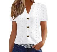 Blusas con ojales para mujer de verano con manga corta, cuello en V, elegantes, ajustadas, con botones para playa y vacaciones 2025 Mis pedidos recientes, blanco, S