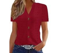 Blusas con ojales para mujer de verano con manga corta, cuello en V, elegantes, ajustadas, con botones para playa y vacaciones 2025 Mis pedidos recientes, Vino, XL