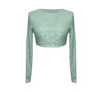 Blusas cortas brillantes para mujer, de manga larga, cuello redondo, lentejuelas, estilo casual, brillante, para carnaval, fiesta, club, verde menta, L