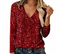 Blusas de fiesta de lentejuelas para mujer, blusas de manga larga con cuello en V y lentejuelas, ajuste holgado, para fiestas, discotecas, rosso, L