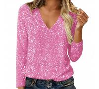 Blusas de fiesta de lentejuelas para mujer, blusas de manga larga con cuello en V y lentejuelas, ajuste holgado, para fiestas, discotecas, rosa, L
