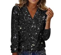 Blusas de fiesta de lentejuelas para mujer, cuello en V, manga larga, elegante, casual, holgada, brillante, para carnaval, fiesta, ropa de moda para mujer, Negro, L
