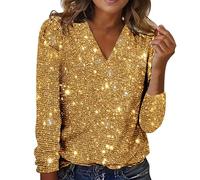 Blusas de fiesta de lentejuelas para mujer, cuello en V, manga larga, elegante, casual, holgada, brillante, para carnaval, fiesta, ropa de moda para mujer, amarillo, L