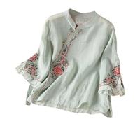 Blusas de gasa estilo bohemio para mujer, estilo bohemio, bordada, floral, estilo hippie, con volantes frontales, túnica para mujeres mayores, manga 3/4, encaje retro, bohemio, campesino, primavera
