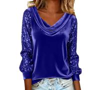 Blusas de lentejuelas para mujer, ajuste holgado, de terciopelo, de manga larga, cuello redondo, con purpurina, para vacaciones, fiestas, clubes, azul, L