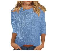 Blusas de lentejuelas para mujer, ajuste holgado, para verano, casual, con lentejuelas brillantes, manga 3/4, para fiesta, club, salir, blusas para mujer, azul claro, L