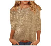 Blusas de lentejuelas para mujer, ajuste holgado, para verano, casual, con lentejuelas brillantes, manga 3/4, para fiesta, club, salir, blusas para mujer, dorado, L