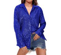 Blusas de lentejuelas para mujer, con botones, manga larga, elegante, casual, brillante, para carnaval, fiesta, ropa de moda para mujer, azul, L