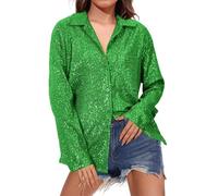 Blusas de lentejuelas para mujer, con botones, manga larga, elegante, casual, brillante, para carnaval, fiesta, ropa de moda para mujer, verde, L