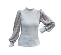 Blusas de lentejuelas para mujer, con purpurina brillante, con lentejuelas, de manga larga, para fiestas, clubes, suéter de lana pesada con cuello alto, gris, S