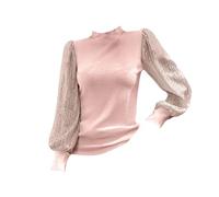 Blusas de lentejuelas para mujer, con purpurina brillante, con lentejuelas, de manga larga, para fiestas, clubes, suéter de lana pesada con cuello alto, rosa, L