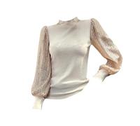 Blusas de lentejuelas para mujer, con purpurina brillante, con lentejuelas, de manga larga, para fiestas, clubes, suéter de lana pesada con cuello alto, beige, M