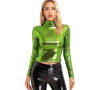 Blusas de lentejuelas para mujer, cuello alto, cuello alto, manga larga, ajustadas, para fiesta, club, para mujer, Jn, L