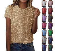 Blusas de lentejuelas para mujer, cuello redondo, manga corta, con purpurina, para verano, casual, elegante, para entrenamiento, gimnasio, salir, club, dorado, L