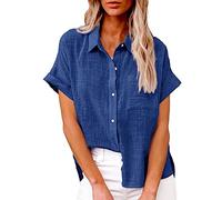 Blusas de lino con cuello para mujer, camisas de lino de manga corta para el Reino Unido, camisas lisas lisas con cuello en V, blusas de vacaciones, camisa de verano de gran tamaño, azul oscuro, 3XL