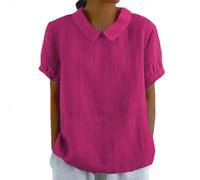 Blusas de lino para mujer, cuello Peter Pan, manga corta, holgada, floral, a rayas, flores, liso, vintage, casual, ligeras, para verano, transpirables, 02-a-rosa intenso, XL