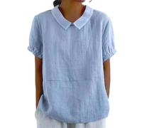 Blusas de lino para mujer, cuello Peter Pan, manga corta, holgada, floral, a rayas, flores, liso, vintage, casual, ligeras, para verano, transpirables, 02-a-azul claro, L