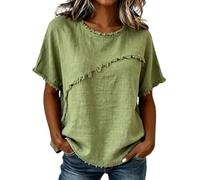 Blusas de lino para mujer, manga corta, dobladillo deshilachado, ajuste holgado, tela de gasa, ropa casual de playa de verano, ligera, transpirable, relajada, cómoda, Verde #2, XXL