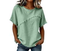 Blusas de lino para mujer, manga corta, dobladillo deshilachado, ajuste holgado, tela de gasa, ropa casual de playa de verano, ligera, transpirable, relajada, cómoda, Verde claro #1, 3XL