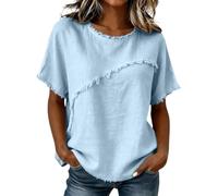 Blusas de lino para mujer, manga corta, dobladillo deshilachado, ajuste holgado, tela de gasa, ropa casual de playa de verano, ligera, transpirable, relajada, cómoda, Azul claro #1, XXL