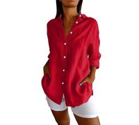 Blusas de mujer Curvy Transpirable Clásica Ligero Camisas de Algodón Cómodo Solapa Casual Oversize Blusa Mangas Largas Playa Moda Camiseta Tees con Botones Color Sólido Vintage Oficina T Shirt, rojo