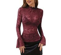 Blusas de Mujer Elegantes, Blusa Elegante Encaje Mujer Manga Larga Cuello Alto Sexy Malla Transparente con Ribete Encaje Color Liso Prenda Moda Verano para Fiestas Clubes Nocturnos Bodas Burdeos Tal