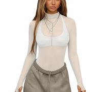 Blusas de Mujer Elegantes, Blusa Malla Sexy Manga Larga Mujer con Orificio el Pulgar Elegante Cuello Alto Transparente Ajustada Fiestas Discotecas Noche Encaje Camiseta Transparente Salir Blanca Tal