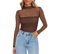 Blusas de Mujer Elegantes, Blusas Malla Manga Larga Mujer Elegantes con Cuello Alto Simulado Transparentes Sexys con Fruncido Malla Color Liso Ideales para Fiestas Discotecas Color Marrón Noche Tal