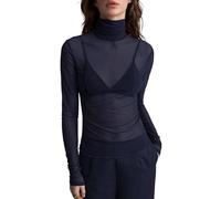 Blusas de Mujer Elegantes, Blusas Manga Larga Malla Transparente Mujer Cuello Alto Sexy Transparentes Ajustadas Color Liso Moda Verano para Fiestas Discotecas Salidas Nocturnas Color Azul Marino Tal