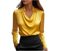Blusas de Mujer Elegantes,Camiseta Manga Larga Mujer de Satén Color Sólido Moda Suelto Cuello Abierto Tumblr Tops Casual Fiesta Versátiles T-Shirt Camisa Original Otoño Invierno Basic tee