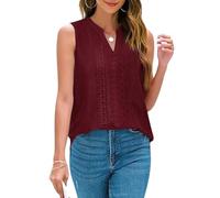 Blusas de Mujer Elegantes, Camiseta Sin Mangas Cuello en V Detalles Ojales Mujer Estilo Bohemio Ligera Informal Ideal Salir Vacaciones en la Playa O Citas Diarias. Color Burdeos Talla XS.