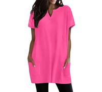 Blusas de Mujer Elegantes,Camisetas Mujer Manga Corta,Vestido Informal de con Cuello en V, Corte Holgado, Estilo, con Bolsillos Camisas Blancas Y De (Hot Pink, XXL)