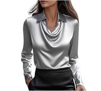 Blusas de Mujer Elegantes Rebajas,Camiseta Manga Larga Mujer de Satén Color Sólido Moda Suelto Cuello Abierto Tumblr Tops Casual Fiesta Versátiles T-Shirt Camisa Original Otoño Invierno Basic tee