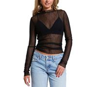 Blusas de Mujer Elegantes, Top Corto Malla Mujer Camiseta Manga Larga Blusa Transparente Malla con Estampado Rombos Corte Ajustado Cuello Alto Color Liso Transparente Ideal Salir Noche O IR A Una Fi