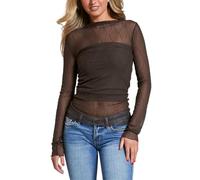 Blusas de Mujer Elegantes, Top Corto Malla Mujer Camiseta Manga Larga Blusa Transparente Malla con Estampado Rombos Corte Ajustado Cuello Alto Color Liso Transparente Ideal Salir Noche O IR A Una Fi