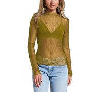 Blusas de Mujer Elegantes, Top Corto Malla Mujer Camiseta Manga Larga Blusa Transparente Malla con Estampado Rombos Corte Ajustado Cuello Alto Color Liso Transparente Ideal Salir Noche O IR A Una Fi