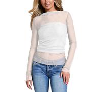 Blusas de Mujer Elegantes, Top Corto Malla Mujer Camiseta Manga Larga Blusa Transparente Malla con Estampado Rombos Corte Ajustado Cuello Alto Color Liso Transparente Ideal Salir Noche O IR A Una Fi