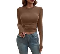 Blusas de Mujer Elegantes,Women's Long Sleeve Shirts Crew Neck Slim Fit Going out Tops Basic Tees Barely There Camisa Vaquera (Coffee, XL),