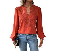 Blusas de Mujer Estilo Boho con Lunares suizos, Manga Larga, Cuello en V, Ojales, Estilo Casual, de Gasa, con bajo de Encaje Fluido, 2026. Ropa Linda y a la Moda. (Orange,L)